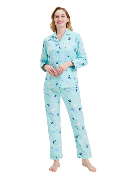 Series/6bucati, Pijama Dama GLOBAL, Finet gros, Bumbac, Noapte Turcoaz