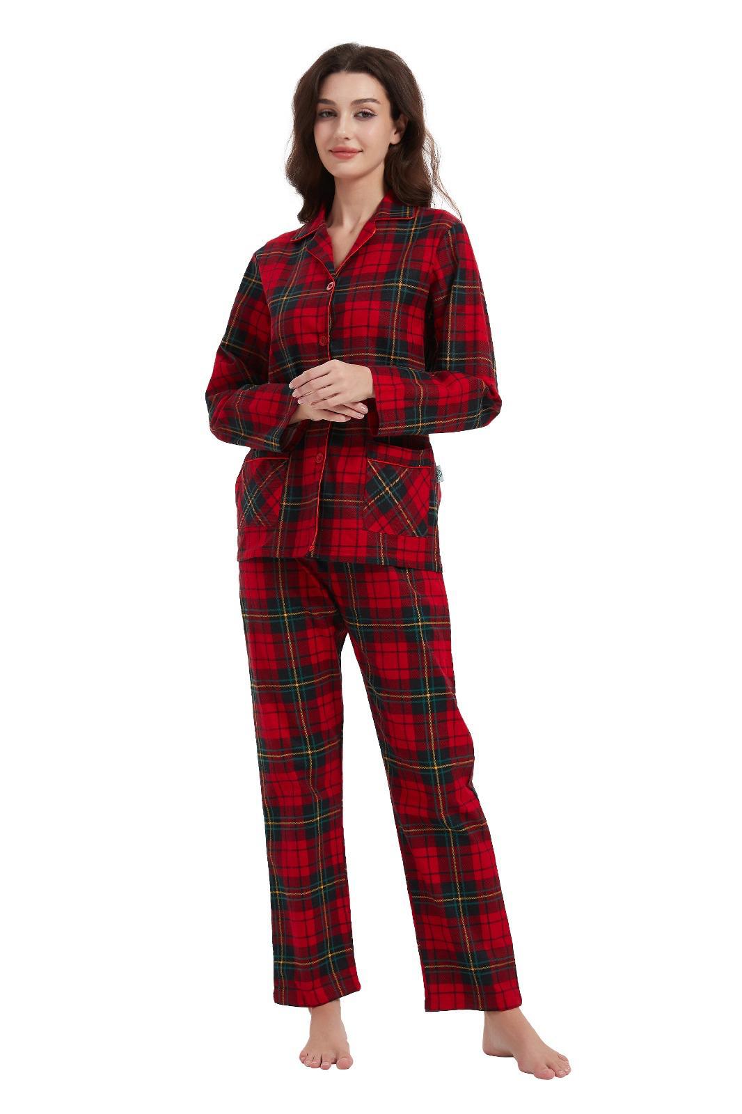 Series/6bucati, Pijama Dama GLOBAL, Finet gros, Bumbac, Carou Rosu