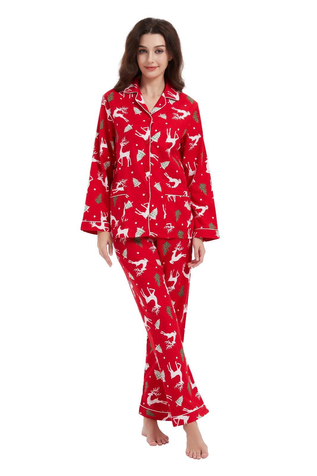 Series/6bucati, Pijama Dama GLOBAL, Finet gros, Bumbac, Reindeer Rosu